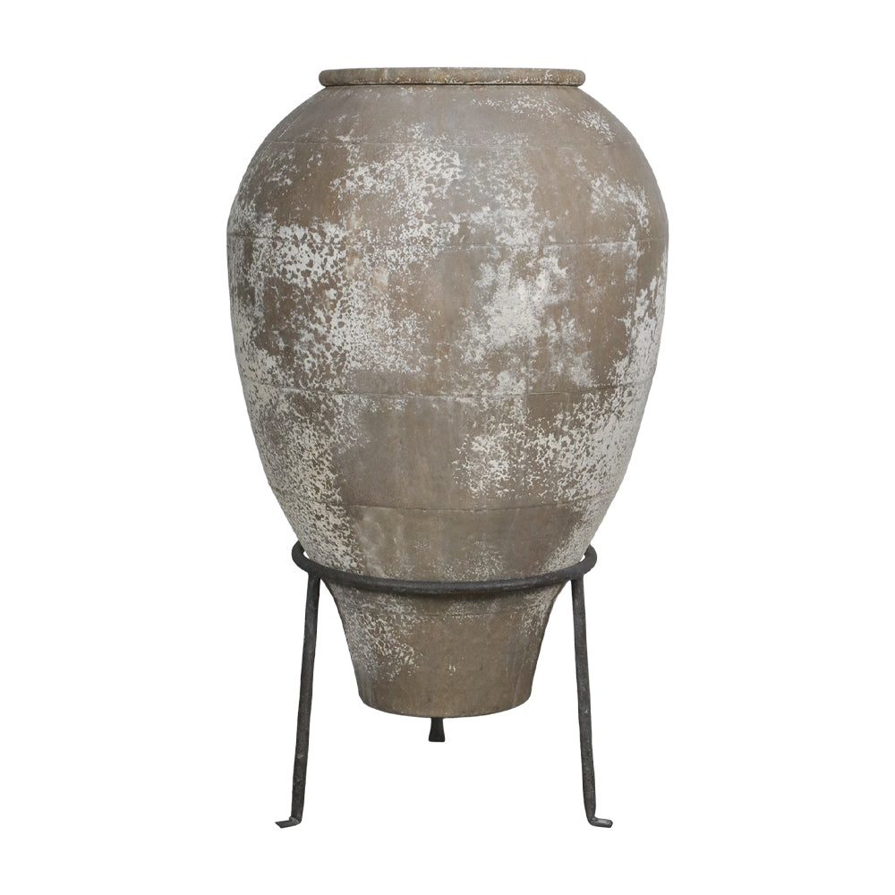 Nagyméretű, antik krém színű Odin lábas kaspó fekete fém állvánnyal