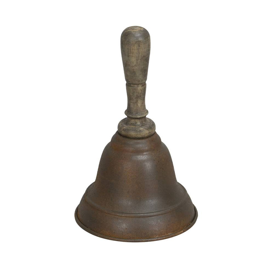 Old French barna karácsonyi kézi csengő, 24 cm magas vintage dekoráció fa nyéllel és antikolt fém felülettel.