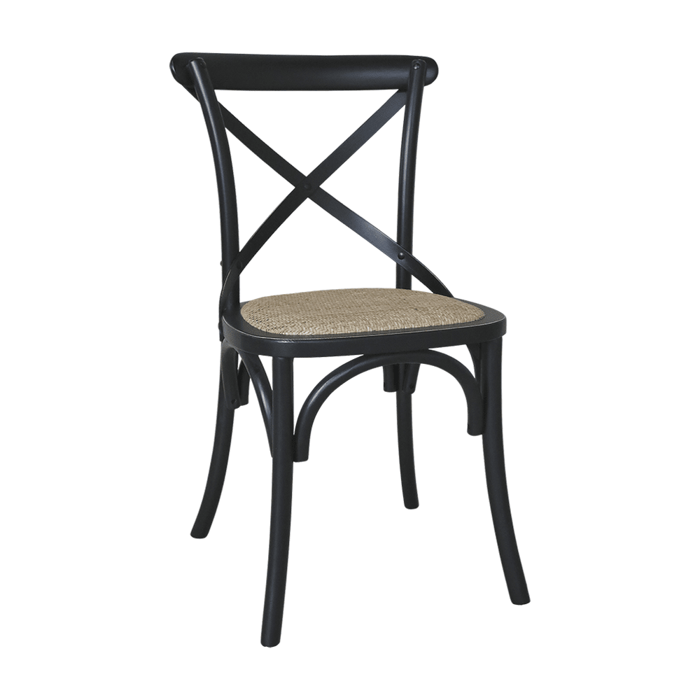Old French fekete kaucsukfa étkezőszék – Elölnézetből, jól látható az X alakú háttámla és a natúr fonott ülőfelület.