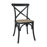 Old French fekete kaucsukfa étkezőszék – Elölnézetből, jól látható az X alakú háttámla és a natúr fonott ülőfelület.