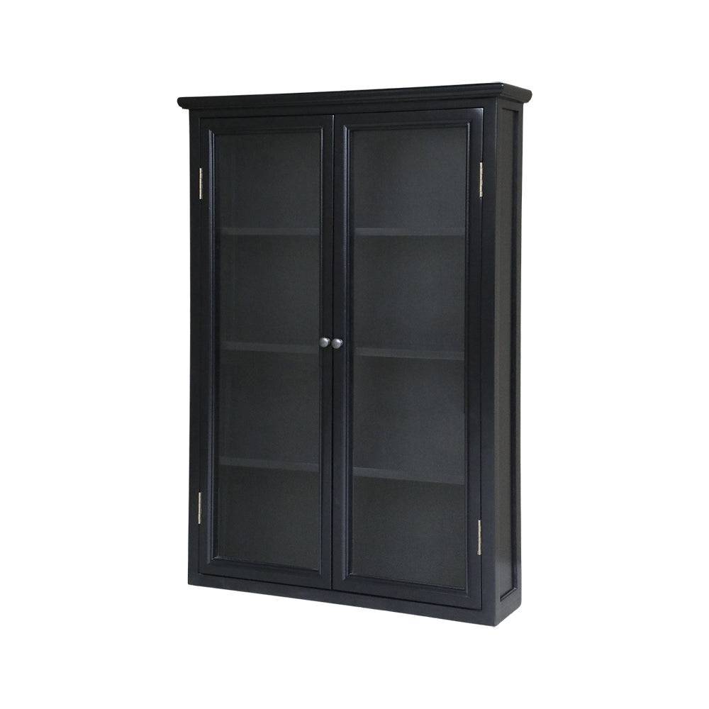 Old French fekete vitrines faliszekrény üvegezett dupla ajtóval, 4 belső polccal, 120 cm magas méretben.
