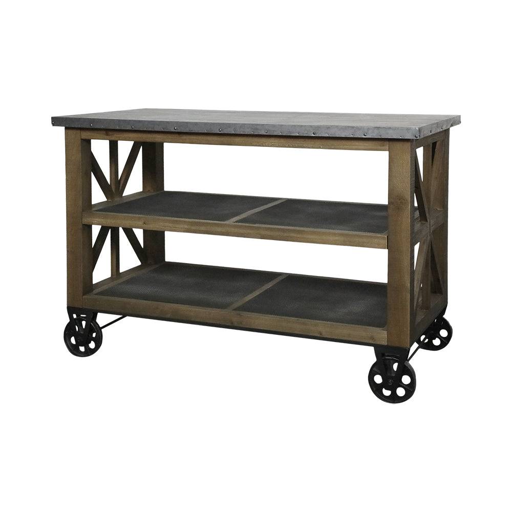 Old French konyhasziget cink tetővel, fa vázzal és ipari stílusú vas kerekekkel, 120 cm szélességben.