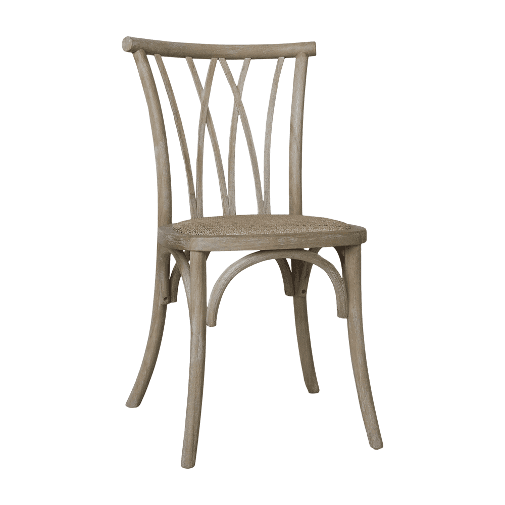 Termékfotó – Old French natúr kaucsukfa étkezőszék fonott ülőfelülettel, fehérített natúr színben.