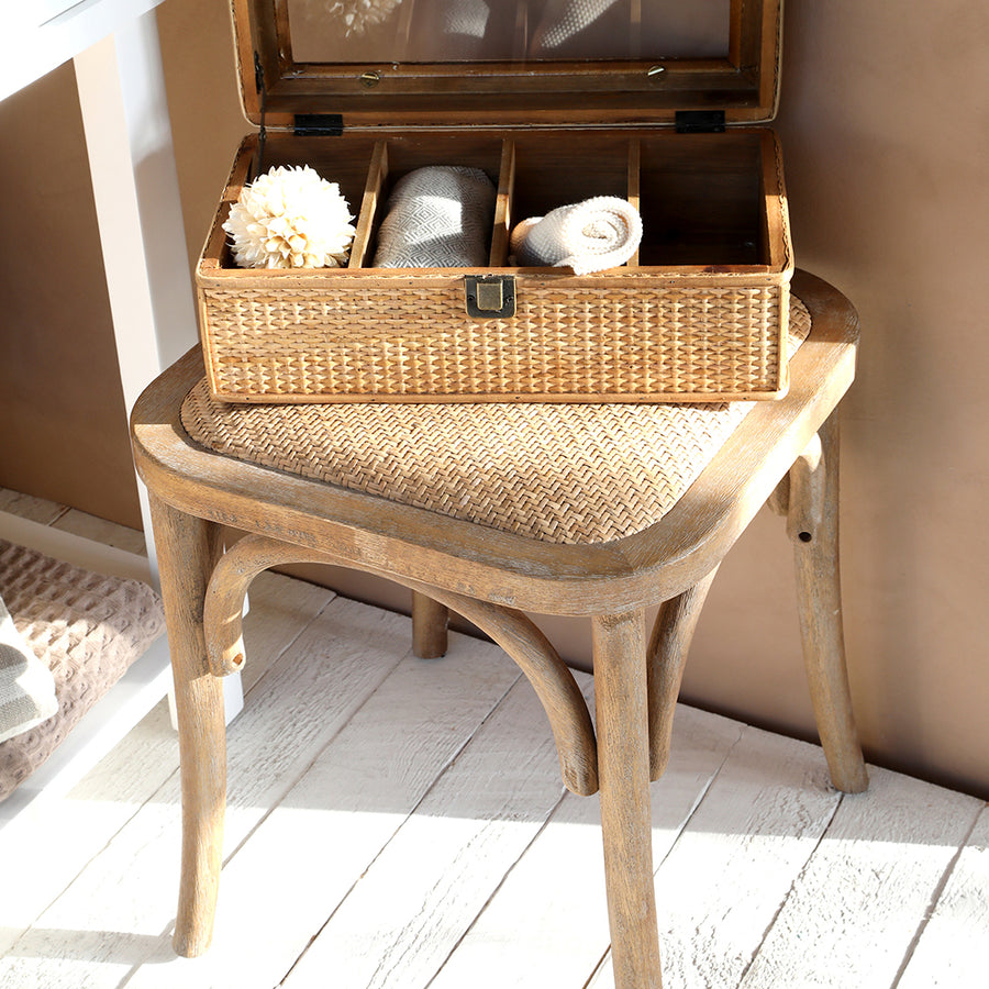 OLD FRENCH natúr színű kaucsukfa–rattan ülőke fonott rattan ülőfelülettel, vintage stílusban