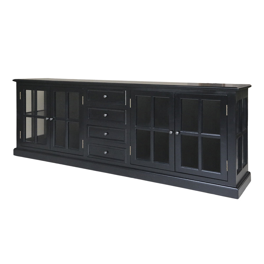 Old French óriás méretű fekete vitrines komódszekrény 220 cm szélességgel, üvegezett ajtókkal és fiókokkal.