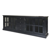 Old French óriás méretű fekete vitrines komódszekrény 220 cm szélességgel, üvegezett ajtókkal és fiókokkal.