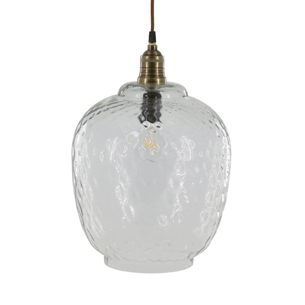 Átlátszó üveg függeszték lámpa domború felületű búrával és réz foglalattal, Old French kollekció, Chic Antique.