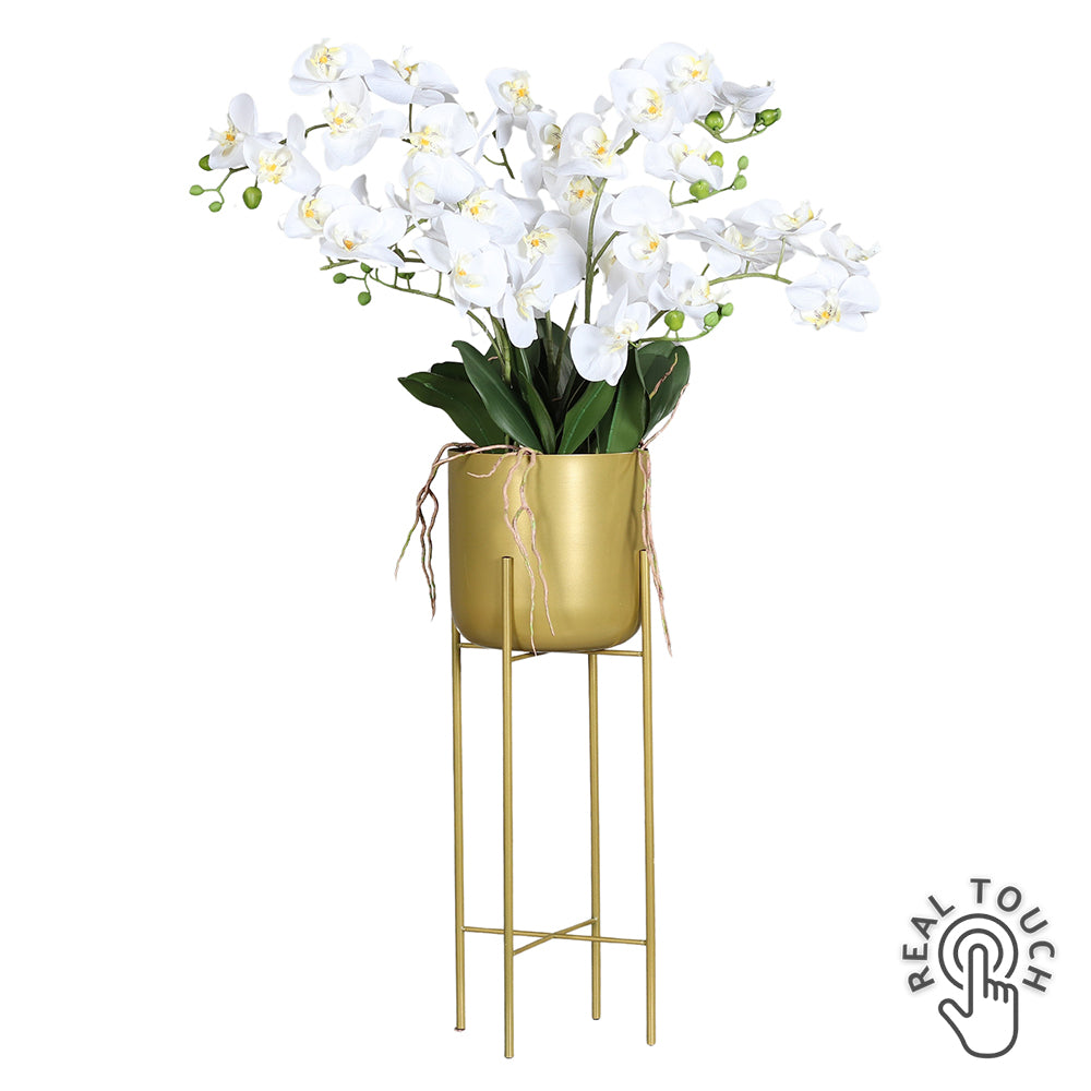 Krémszínű, 100 cm magas Real Touch mű orchidea aranyszínű állványos kaspóban.