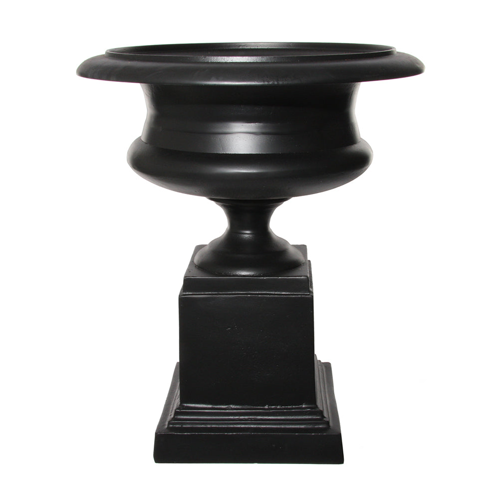 Fémből készült,, fekete színű óriás kaspó-váza.