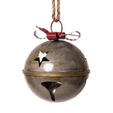 Piros színű fém masnival díszített karácsonyi kézműves bádogcsengő.