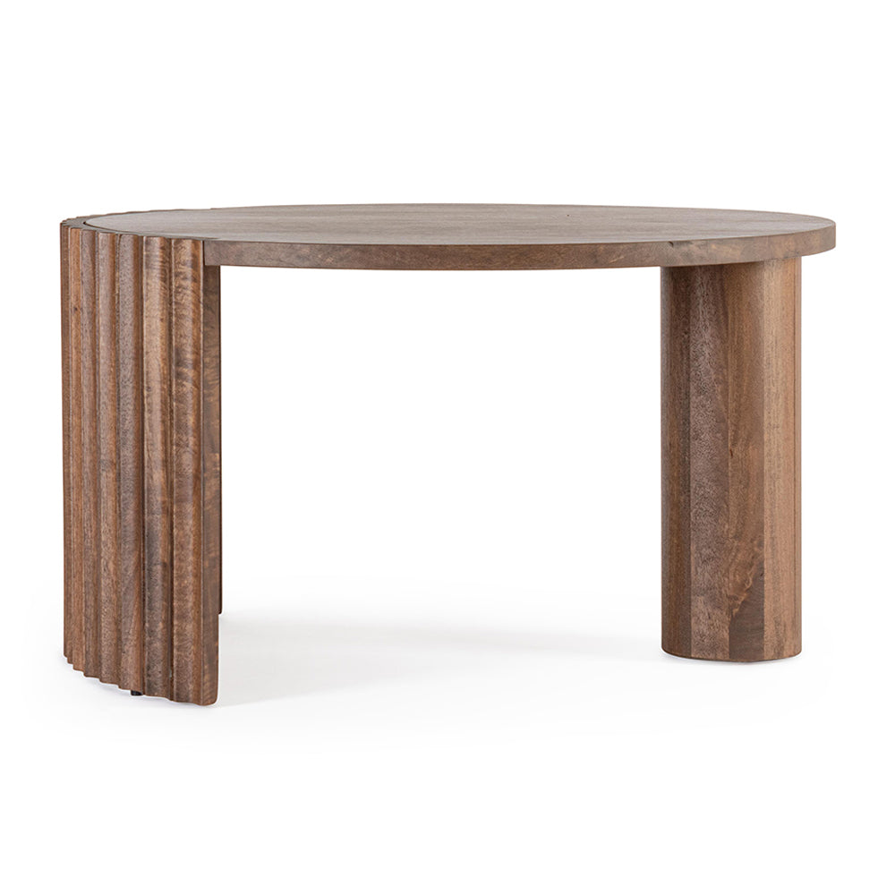 Mangófából készült, barna színű, formatervezett dizájn dohányzóasztal.