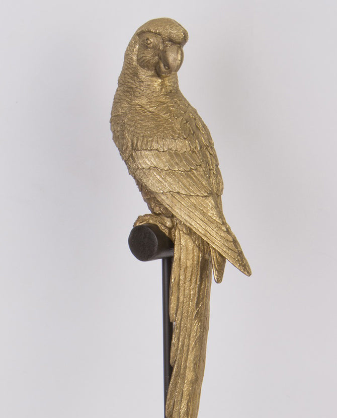 Matt aranyszínű, dekoratív papagáj figura.
