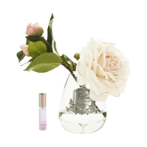 Prémium minőségű, krém színű, bazsarózsa illatú parfümös tearózsa kompozíció díszdobozban