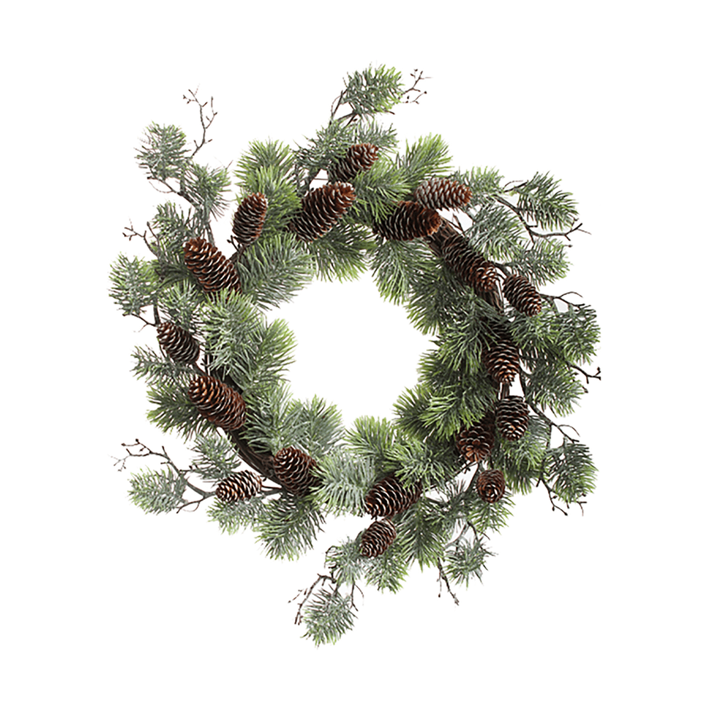 Deres felületű, tobozokkal díszített, mű feketefenyő koszorú.