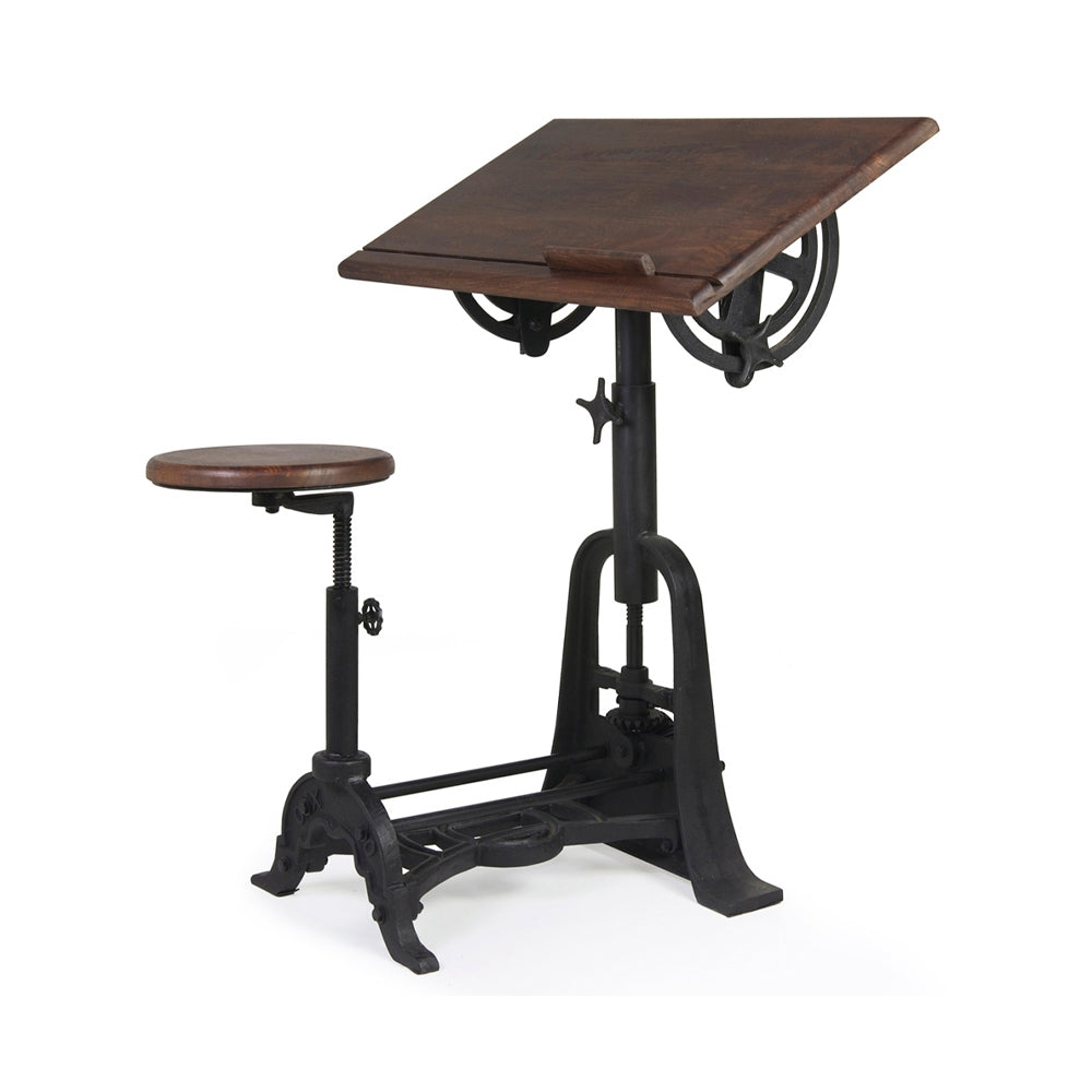 PIPA állítható mangófa tervezőasztal ülőkével 80 cm, ipari stílusú dönthető asztallappal és öntöttvas vázzal