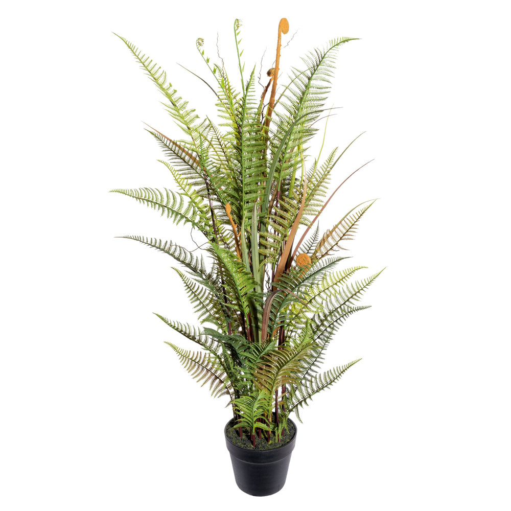 110 cm magas, élethű mű páfrány mix díszfűvel, fekete műanyag kaspóban.”