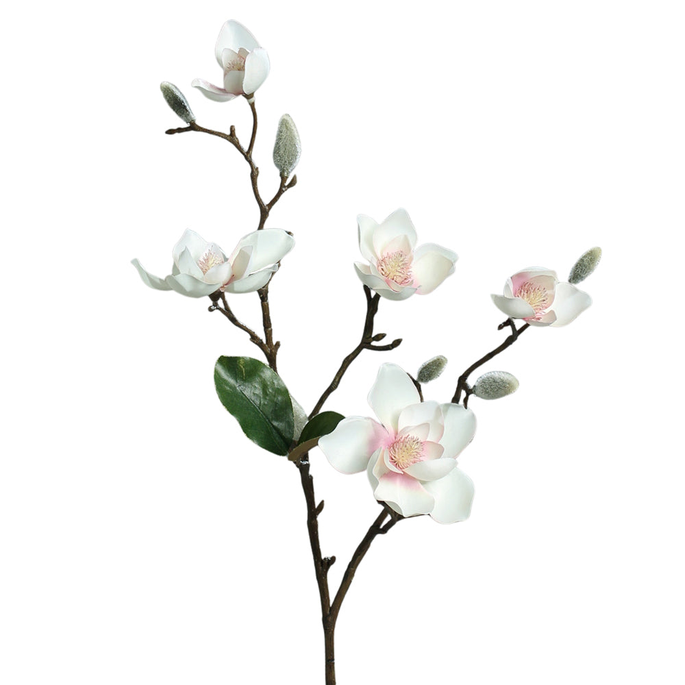 Krém és rózsaszín színű, virágzó magnólia művirág nyílt és rügyező virágokkal.