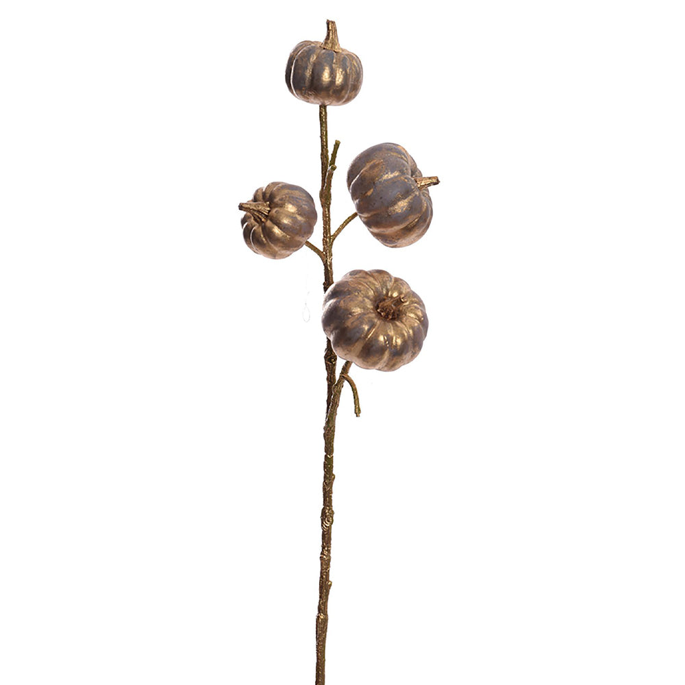 Kékarany színű mű dísztök ág, négy különböző méretű tökkel, 63 cm magas dekorációs műnövény.