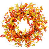 Nagyméretű, 60 cm átmérőjű mű őszi koszorú berkenyével, mini dísztökkel és falevelekkel.