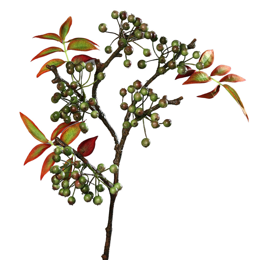 Élethű zöld bogyós mű tűztövis ág zöld-bordó levelekkel