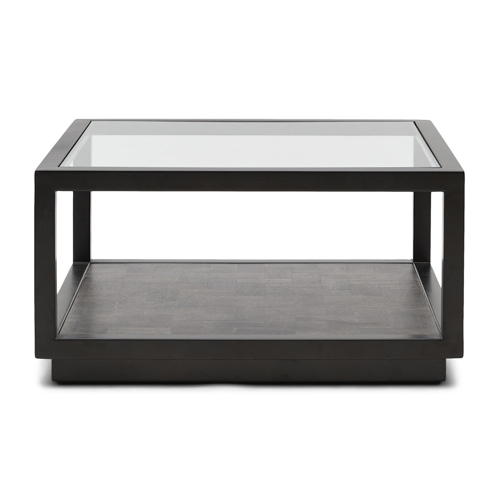 Roger fekete dohányzóasztal 80x80 cm üveglappal és alsó fa polccal teljes nézet