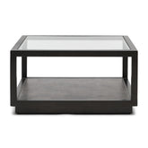 Roger fekete dohányzóasztal 80x80 cm üveglappal és alsó fa polccal teljes nézet