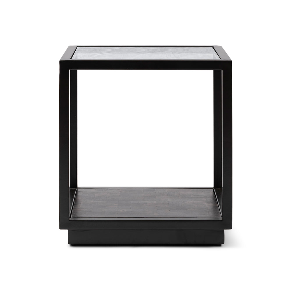 Roger fekete kisasztal 56 cm, üveg asztallappal és parketta mintás alsó polccal