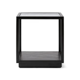 Roger fekete kisasztal 56 cm, üveg asztallappal és parketta mintás alsó polccal
