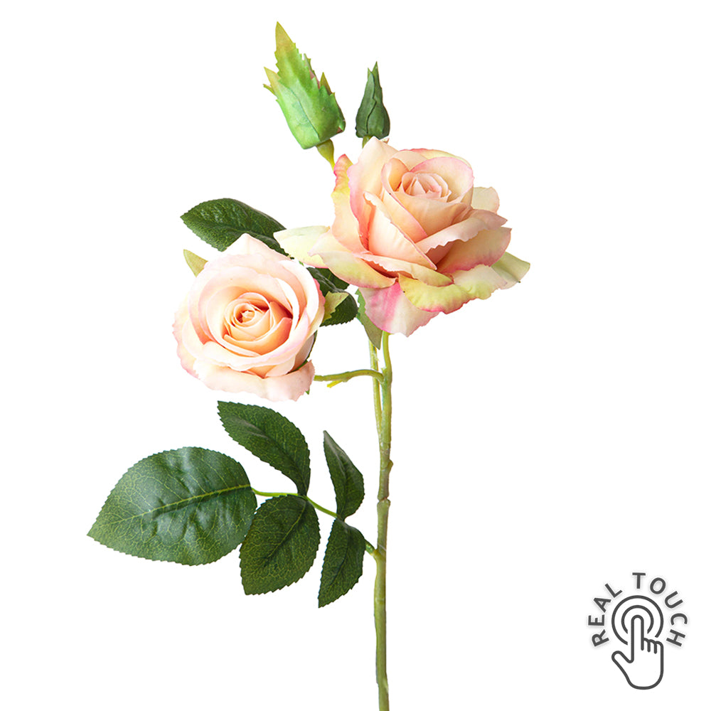 ROSE barackszínű Real Touch mű rózsa dekorációs virág 38 cm, élethű nyílt és bimbós rózsafejekkel