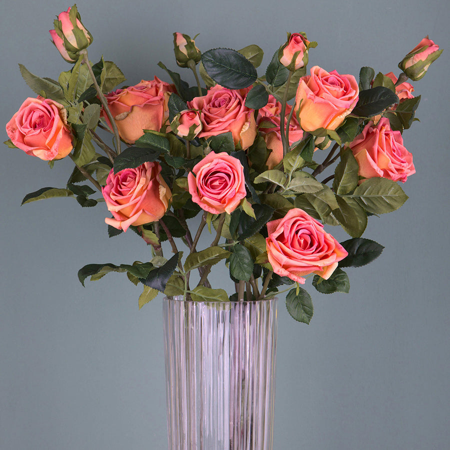 ROSE narancsos pink mű rózsa csokor üvegvázában, elegáns dekoráció modern enteriőrbe