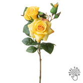 ROSE sárga Real Touch mű rózsa dekorációs virág 38 cm, élethű nyílt és bimbós rózsafejekkel