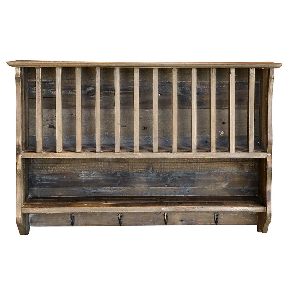 Fogasokkal felszerelt, kézműves konyhai tányértartó fali polc.