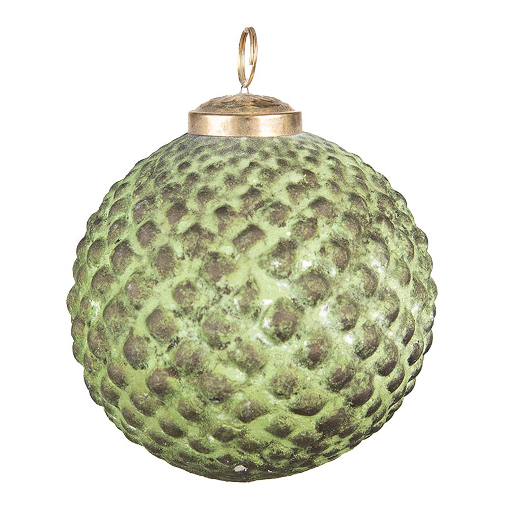 Gömb formájú, antikolt felületű, patinás zöld színű, vintage megjelenésű üveg karácsonyfadísz.
