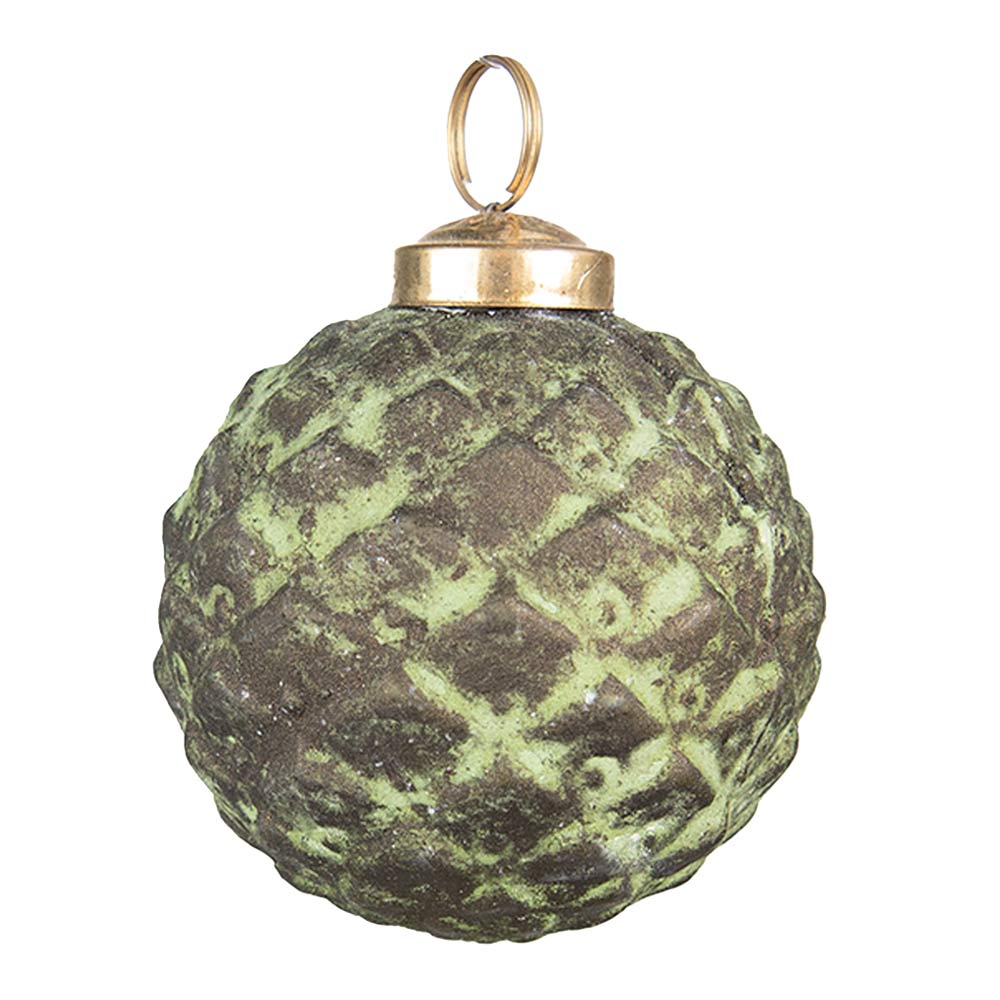 Patinás zöld színű, vintage megjelenésű üveg karácsonyfadísz.