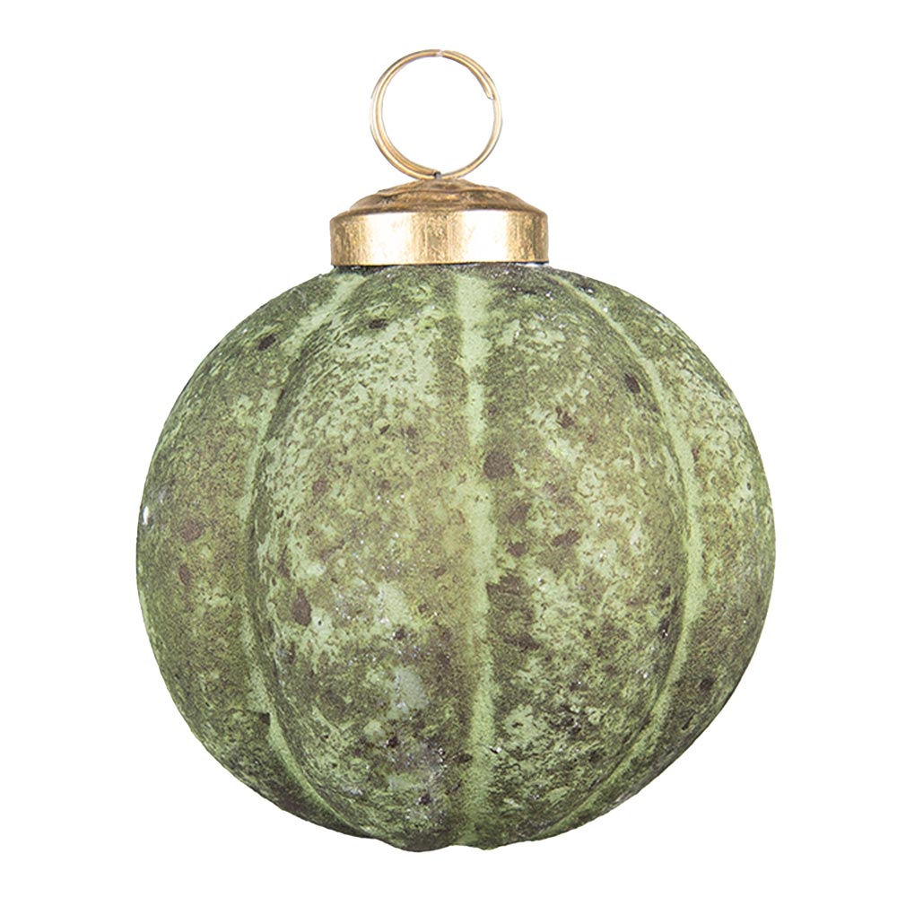 Patinás zöld színű, vintage megjelenésű üveg karácsonyfadísz.