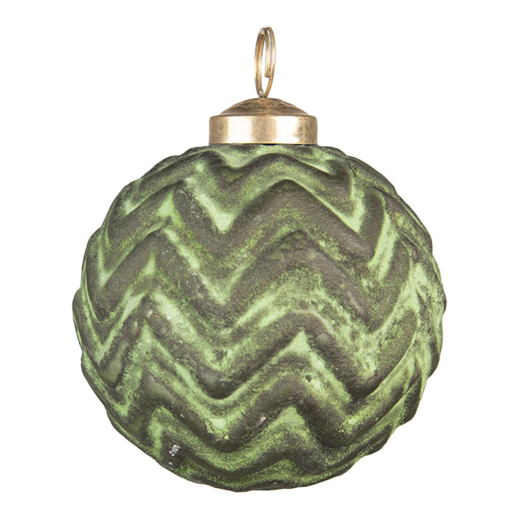 Patinás zöld színű, vintage megjelenésű üveg karácsonyfadísz.