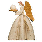 SACRED krém avignoni angyal gyertyatartó 45 cm arany szárnyakkal, tálcán gömb gyertyával