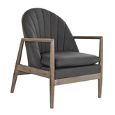 Szürke színű szövettel kárpitozott, formaterveztt karfás fotel.