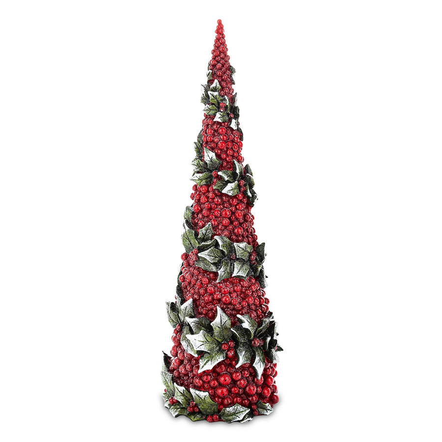 SPIRIT OF THE FOREST 45 cm magas piros karácsonyi dekor fenyőkúp zöld magyallevelekkel és havas hatású díszítéssel.
