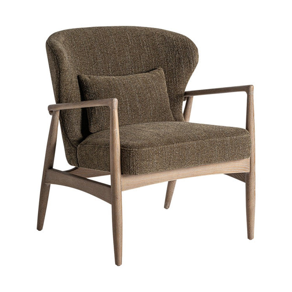 Kortárs stílusú, finoman antikolt felületű kőrisfából készült, khakiszínű szövettel kárpitozott, formatervezett design fotel.