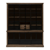 Loft stílusú kőrisfa-fém vitrines szekrény 220 cm fekete üveg tolóajtókkal elölnézet