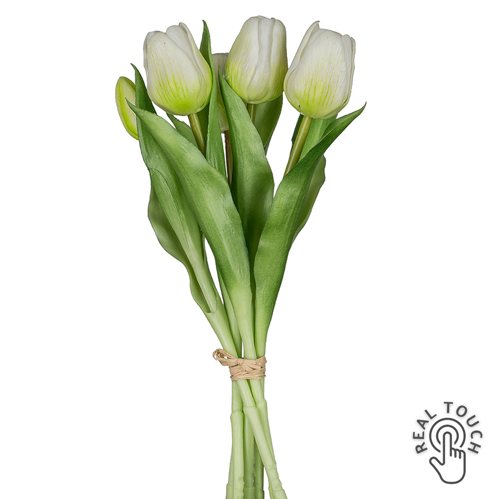 TULIP 6 szálas fehér mű tulipáncsokor 32 cm – real touch hatású, élethű művirág zöld levelekkel
