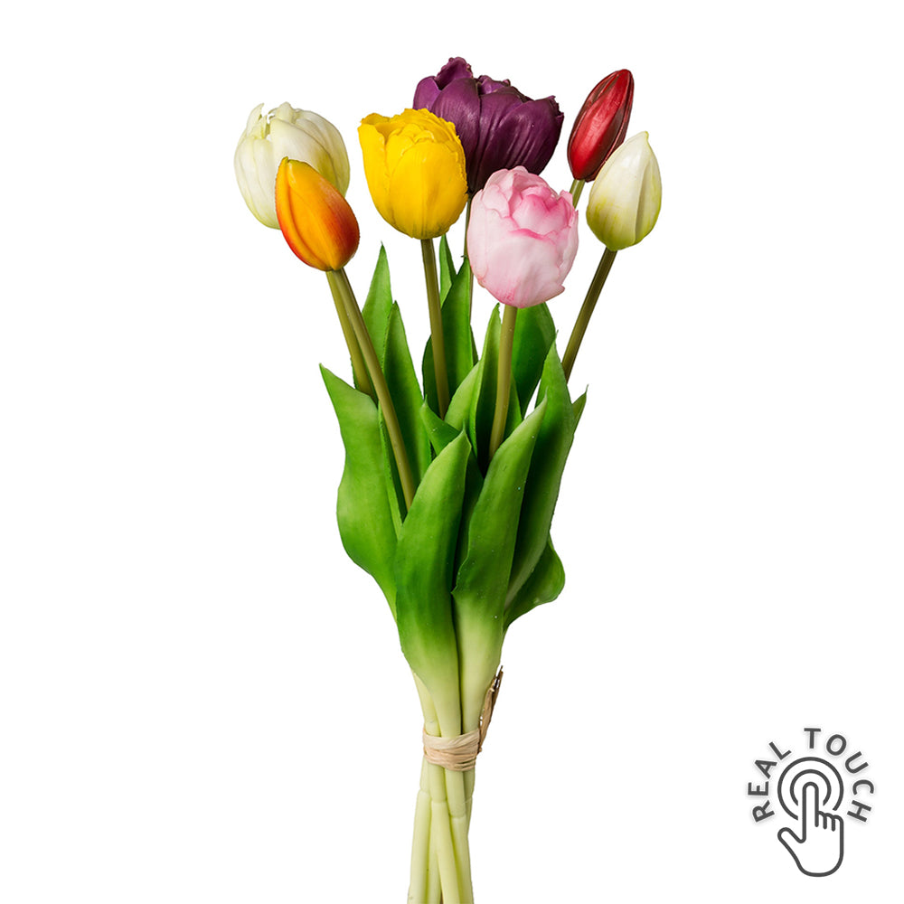 Többszínű, 7 szálas real touch mű tulipáncsokor 39 cm, teljes nézet