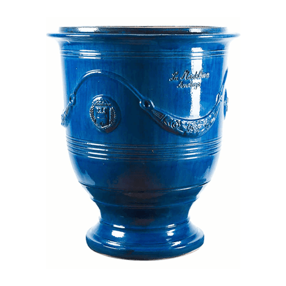 Provanszi stílusú, kék mázas anduze kerámiakaspó a Vase d' Anduze Emaillés Tradition kollekcióból, Medici motívummal és fényes felülettel.