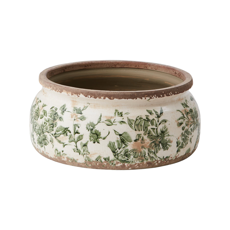 VICTORIA kerámia kaspó – 20 cm átmérőjű, antikolt mázas, zöld növényi motívummal díszített, vidéki vintage stílusú kaspó a Vintage Garden kollekcióból