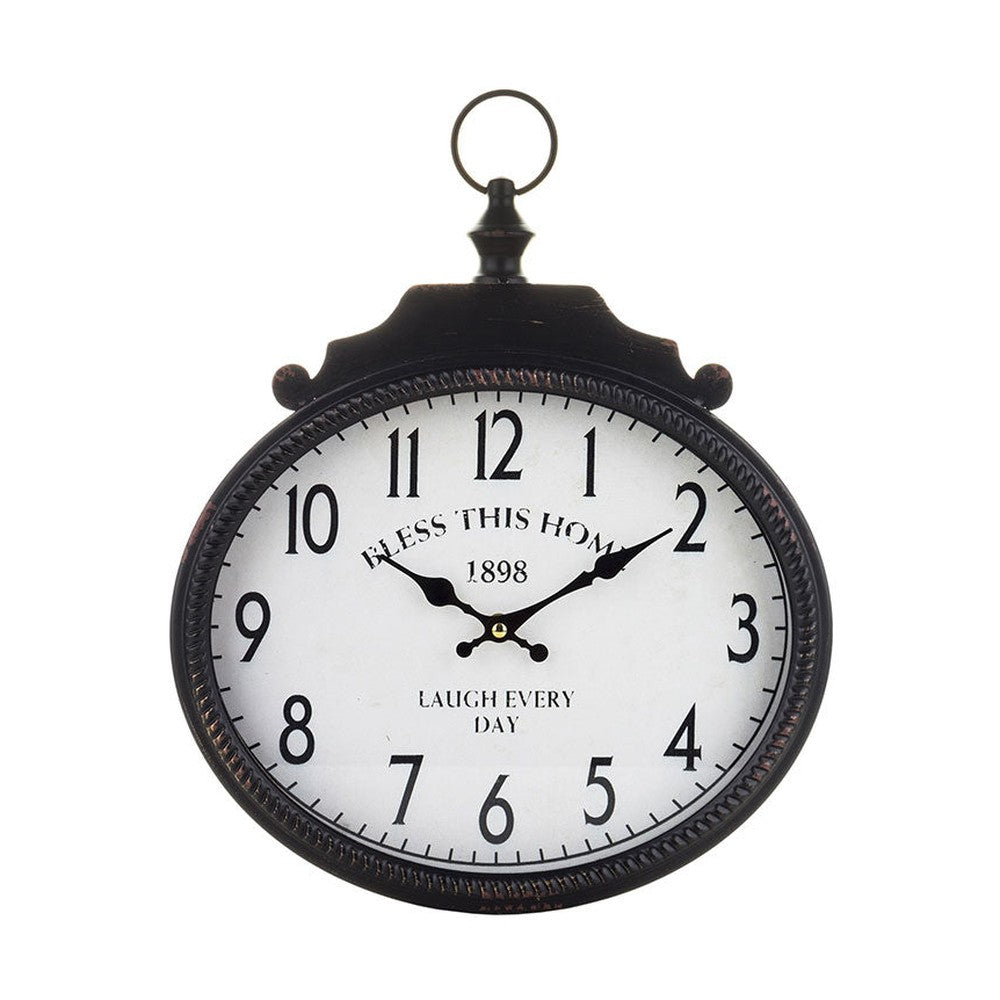 Ovális formájú, fekete-fehér színű falióra, "Bless This Home, 1898" felirattal..