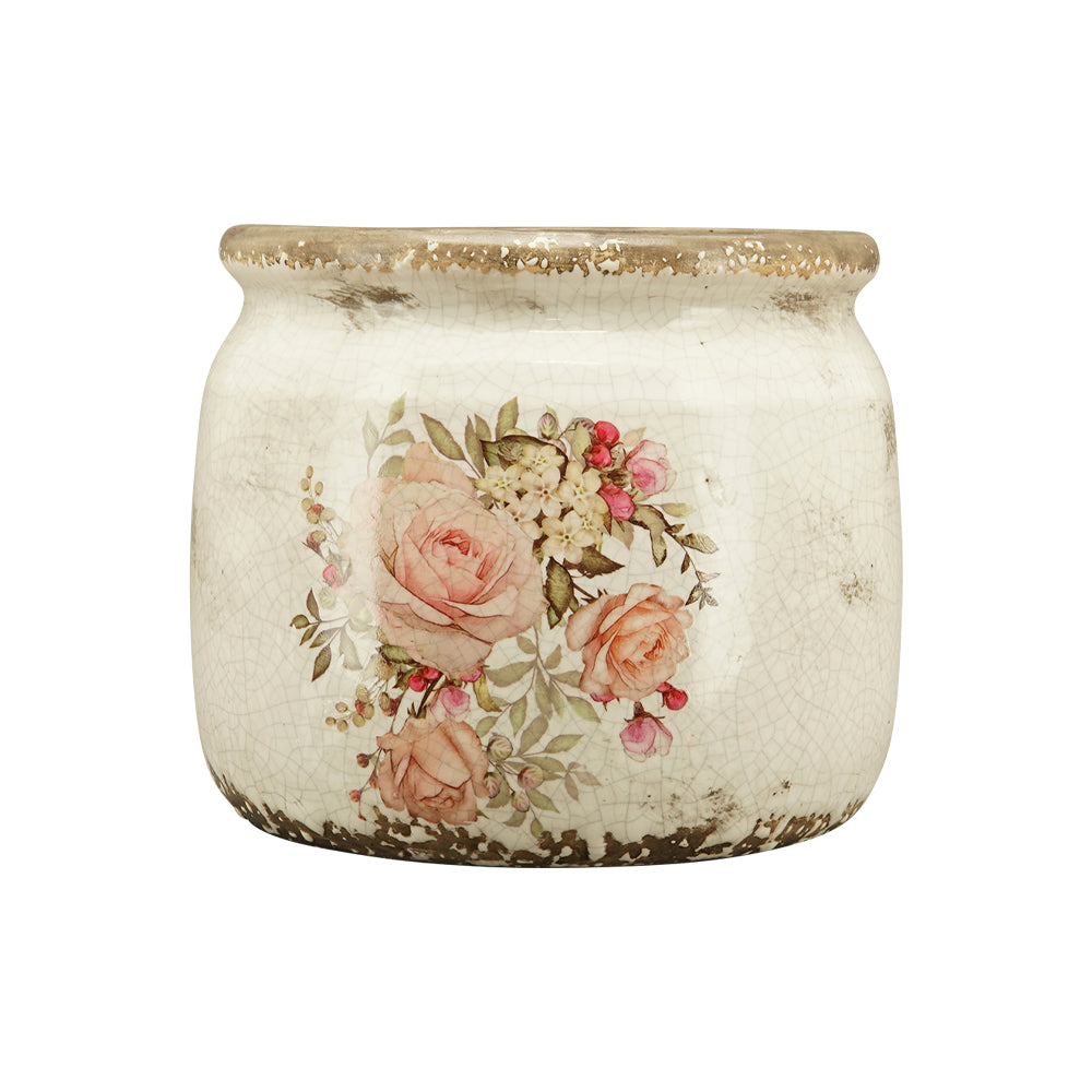 Rózsamintás kerámia kaspó – 12 cm átmérőjű, 9 cm magas, vidéki vintage stílusú kaspó antikolt mázzal és romantikus virágmintával
