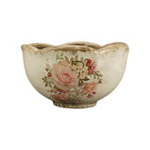 Rózsamintás kerámia kaspó – 16 cm átmérőjű, 9 cm magas, hullámos szélű, antikolt mázas kaspó romantikus vintage stílusban