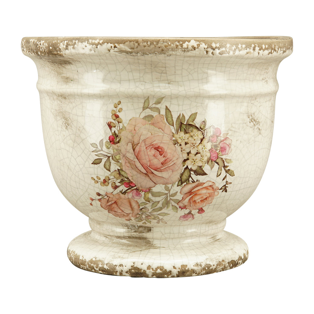 Rózsamintás kerámia kaspó – 20 cm átmérőjű, 16 cm magas, talpas kialakítás, antikolt máz és romantikus virágmintás dekoráció