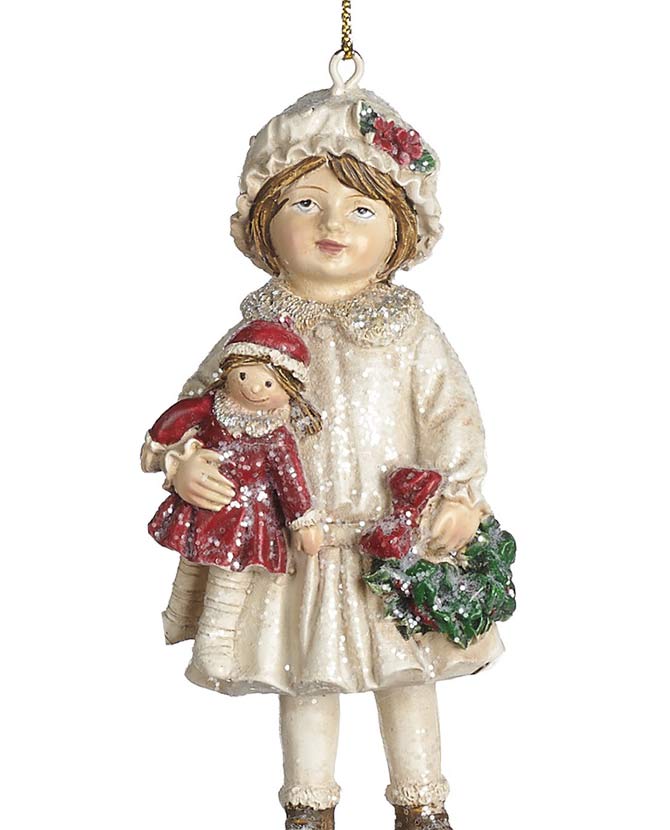 Ünnepi koszorút és babát tartó, krémszínű téli kislány formájú karácsonyfadísz.